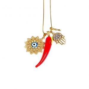 Colar folheado ouro 18K com Olho grego, Pimenta, Figa e Mão de Fátima
