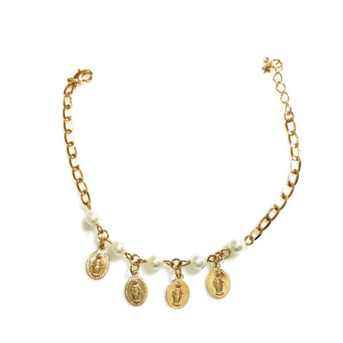 Pulseira Folheada Ouro 18K e detalhe Medalha Nossa Senhora e Pérola Shell