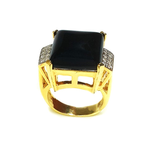 Anel Folheado Ouro 18k com Pedra Ônix e Zircônia