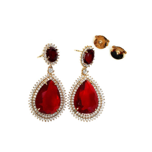 Brinco folheado ouro 18K com Cristal Rubi e micro zircônias