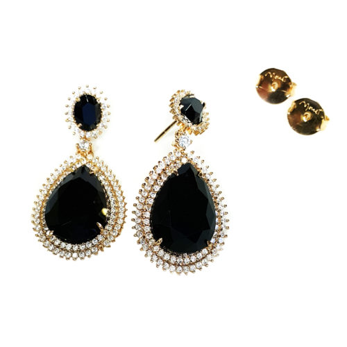 Brinco Folheado ouro 18K Cristal Negro e Zircônias