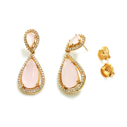 Brinco Folheado ouro 18K Cristal Rosa e Zircônias