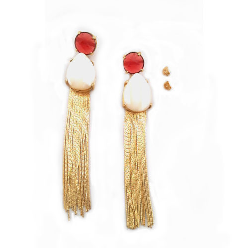 Brinco Folheado Ouro 18k Franja e Pedra Acrílica