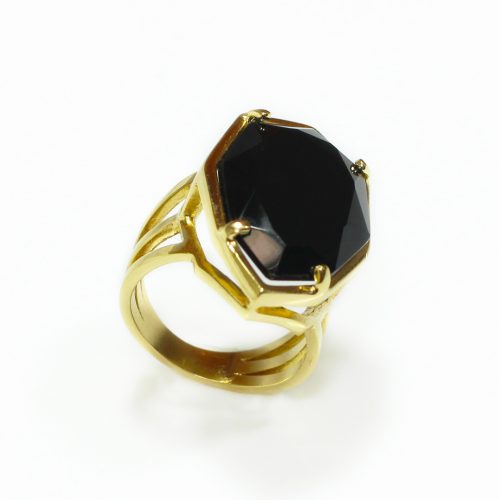 Anel folheado ouro 18K com cristal negro