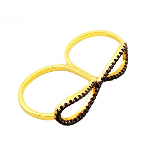 Anel folheado ouro 18K com zircônias negras