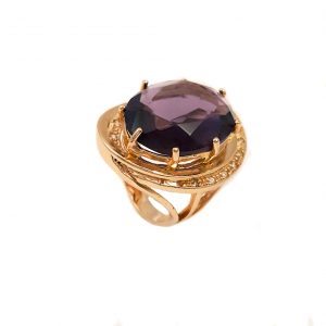 Anel folheado ouro 18k cristal púrpura e zircônias