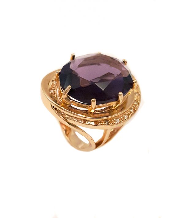 Anel folheado ouro 18k cristal púrpura e zircônias